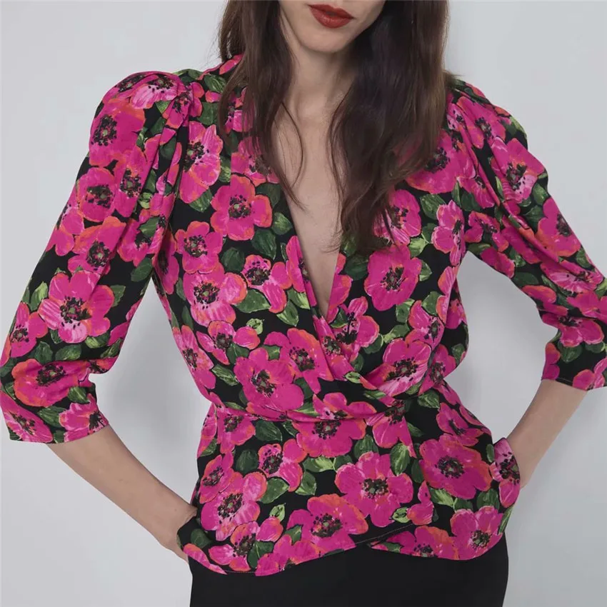 Женская милая блузка с цветочным принтом и крестиком, с глубоким v-образным вырезом, рукавом три четверти, женские повседневные рубашки, Осенние шикарные топы, blusas