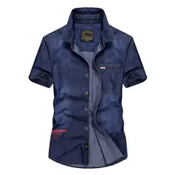 2018 ковбой карманы хлопок Повседневное рубашки Для мужчин весна короткий рукав рубашки летняя мода пот мульти-карман синего джинсового