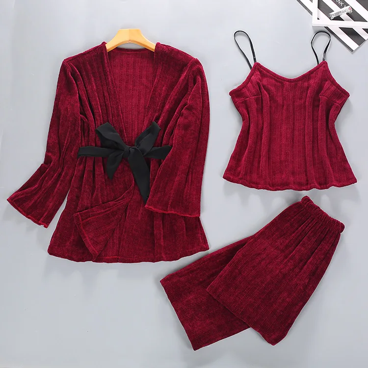 

2018 Spring Womens 3PC Strap Top Pants Suit Night Robe Sleepwear Sets Casual Pajamas Sexy Nightwear Kimono Bath Gown M L XL