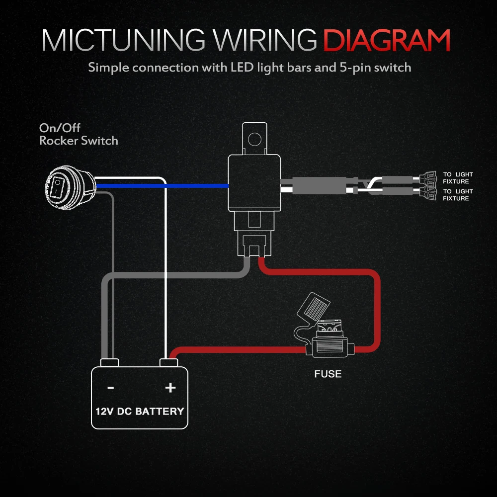 MICTUNING 12AWG Автомобильный светодиодный светильник, комплект жгутов проводов с 60A вкл/выкл, водонепроницаемый кулисный переключатель, реле, набор для 300 Вт, 2 светодиодный светильник