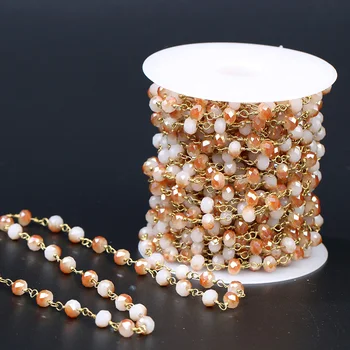 

HanKun 4*6mm White&Orange Double Color Faceted Rondelle Crystal Beads with Brass wire wrapped Rosary -Stone Bead Chain Necklace