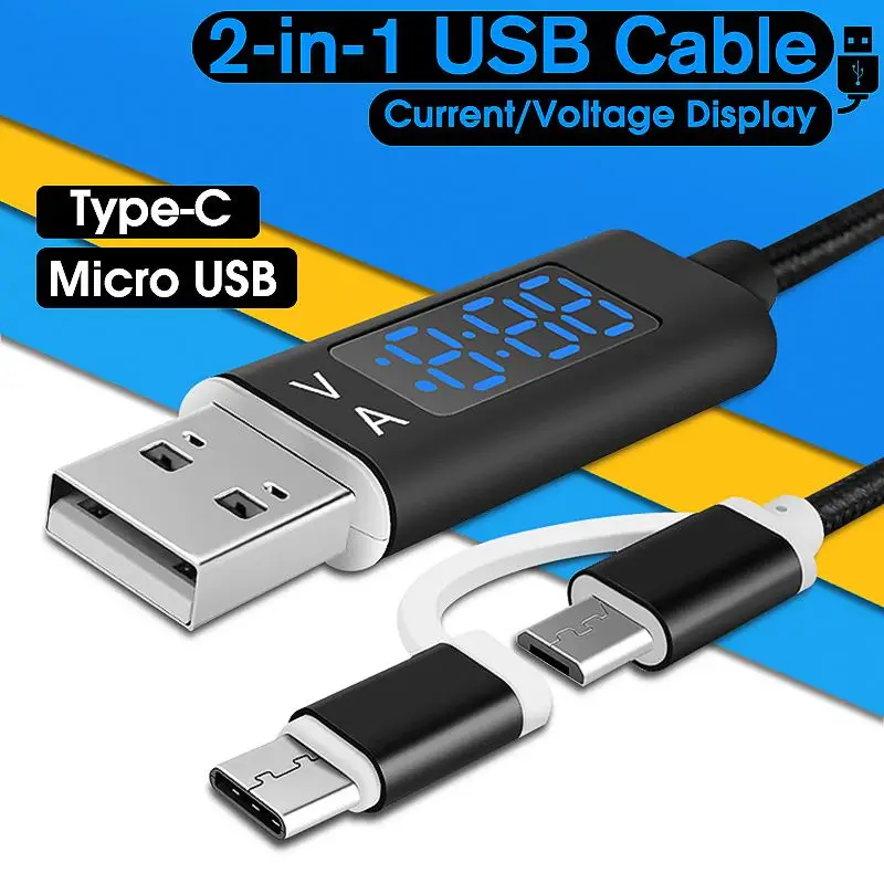 2-в-1 ток Напряжение Дисплей Тип C Micro USB Зарядное устройство кабель Кабель для передачи данных с оплеткой 1 м нейлон для samsung для Xiaomi быстрой зарядки