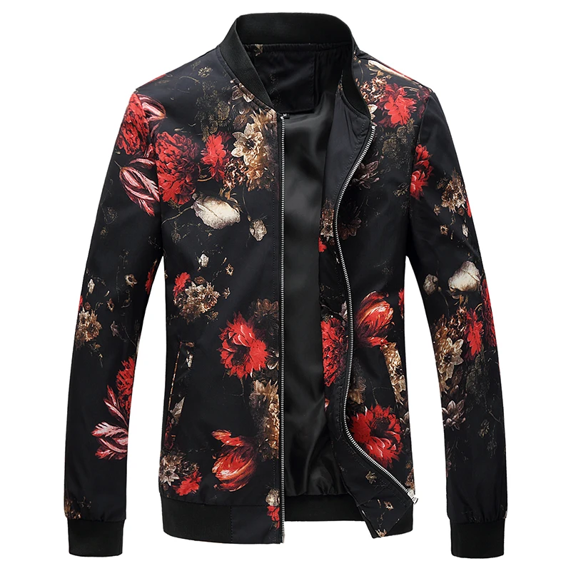 

2018 Spring Autumn Bomber Jacket Men Floral Printed Fashion Slim Fit Mens Casual Jackets Long Sleeve Mens Windbreaker Coat Male
