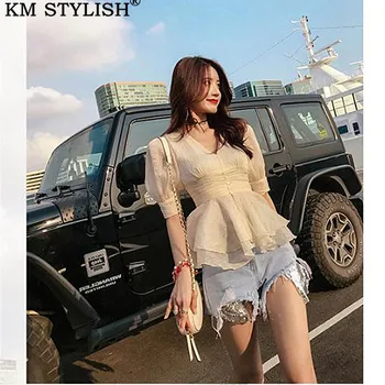 

2019 Summer French Fresh Vintage Single Breasted Blouse Tops Women's Slim Waist V-neck Temperament Ruffled Chiffon Shirt