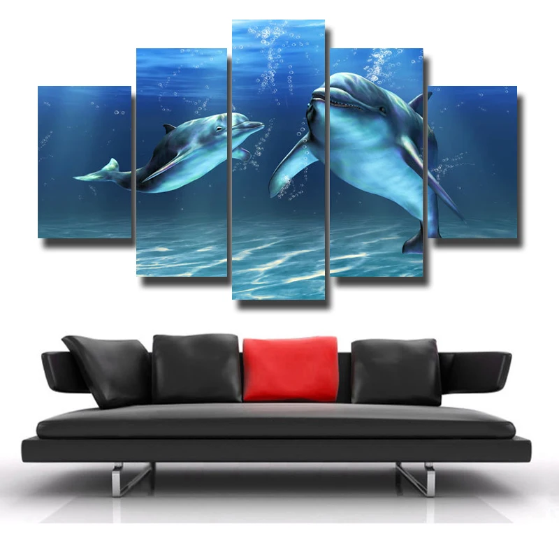Art-Wall-Modern-Living-Room-Decoration-Theme-blue-dolphin-Canvas-Print-Oil-Painting-Print-5P-HD (2)