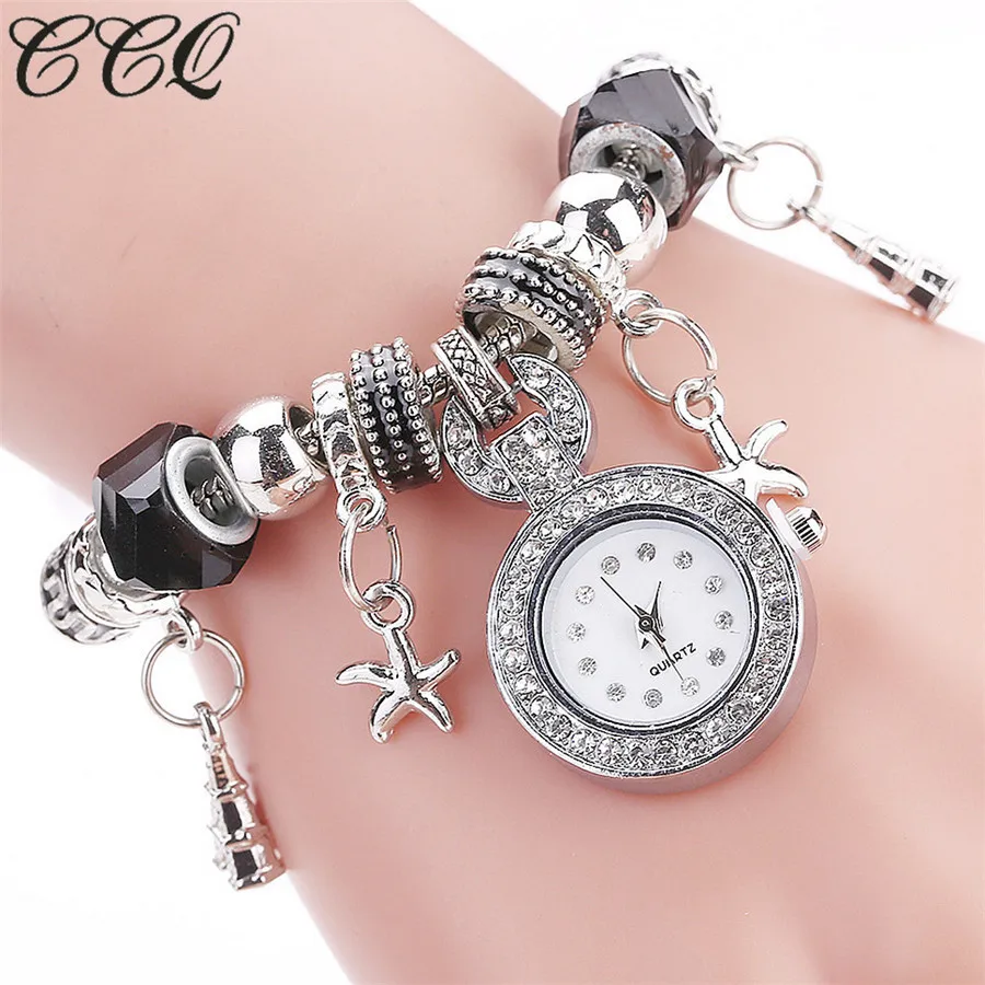 

2017 CCQ New Brand Women Beaded Bracelet Delicacy Watch Elegance Women Heart Band Dress Wristwatch Women Quartz Watches Hot