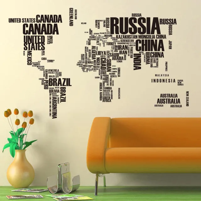 large size letters world map removable vinyl decal art mural home
