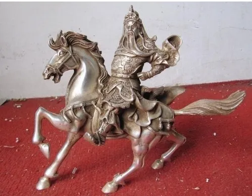 

Metal Crafts Rare Asian Chinese Silver Handwork Carved Guang Gong On Horse Statue fast Shipping