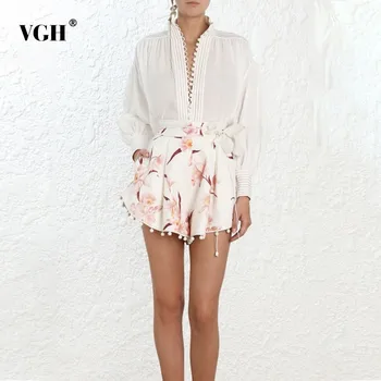 

VGH Casual Women's Two Piece Sets Turtleneck Long Sleeve Tops Blouse Tops Floral Shorts Set Female Fashion New Tide 2020 Summer