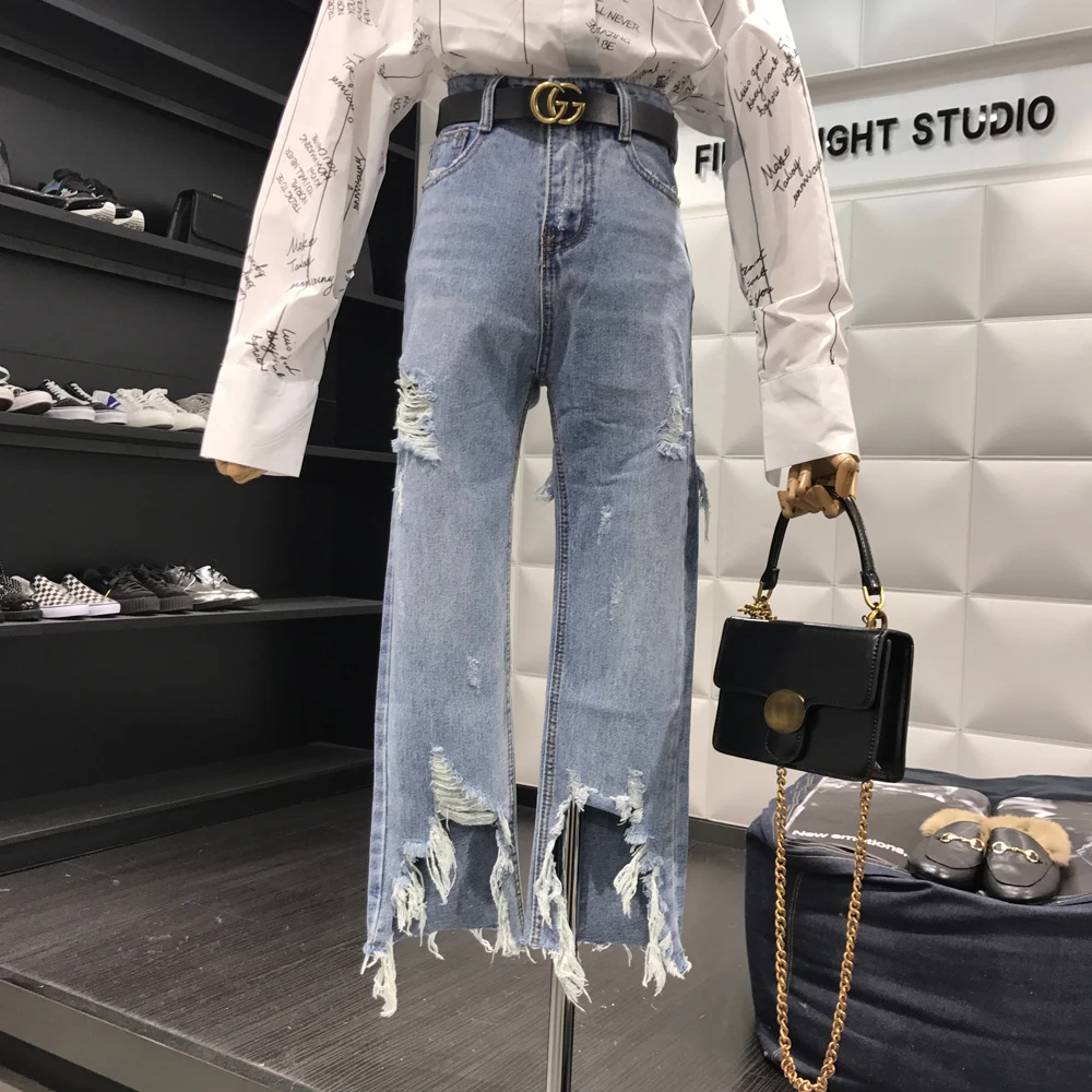 

plus size 5XL!2019 Summer fashion hole jeans women loose straight wide leg jeans
