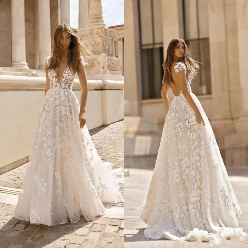 

Sexy Deep V Neck Wedding Gowns 2019 vestido de noiva Applique Lace Tulle A Line Wedding Dresses Summer Handmade Bride Dress
