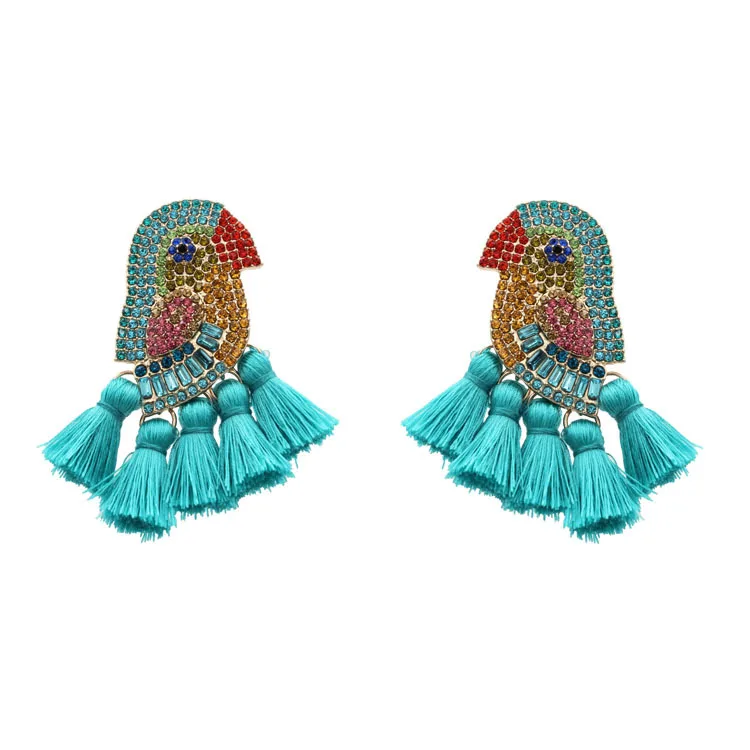 

Bohemian Bird Tassel Earrings for Women Colorful Crystal Parrot Dangle Drop Earrings Boho Handmade Long Fringe Statement Jewelry