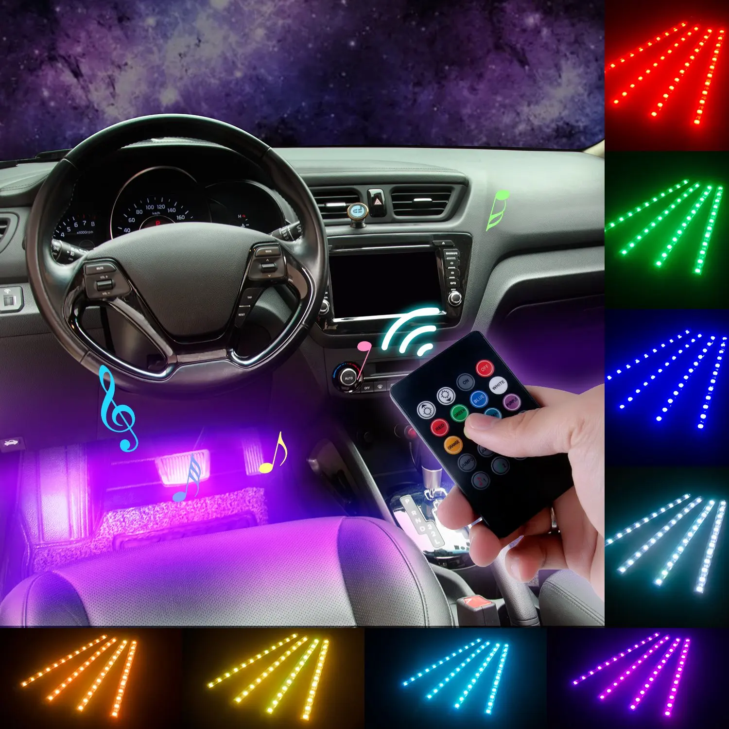 72 XBRN Car LED Strip Lights,4pcs 72 LED Multicolor Music Car Interior Atmosphere Lights Under Dash Lighting Kit with Sound Active Function and Wireless Remote Control 