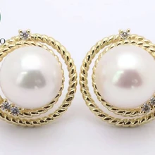 Круглые жемчужные серьги-гвоздики с бриллиантами, 14 k, желтое золото, новые классические серьги-гвоздики с бриллиантами,, вечерние