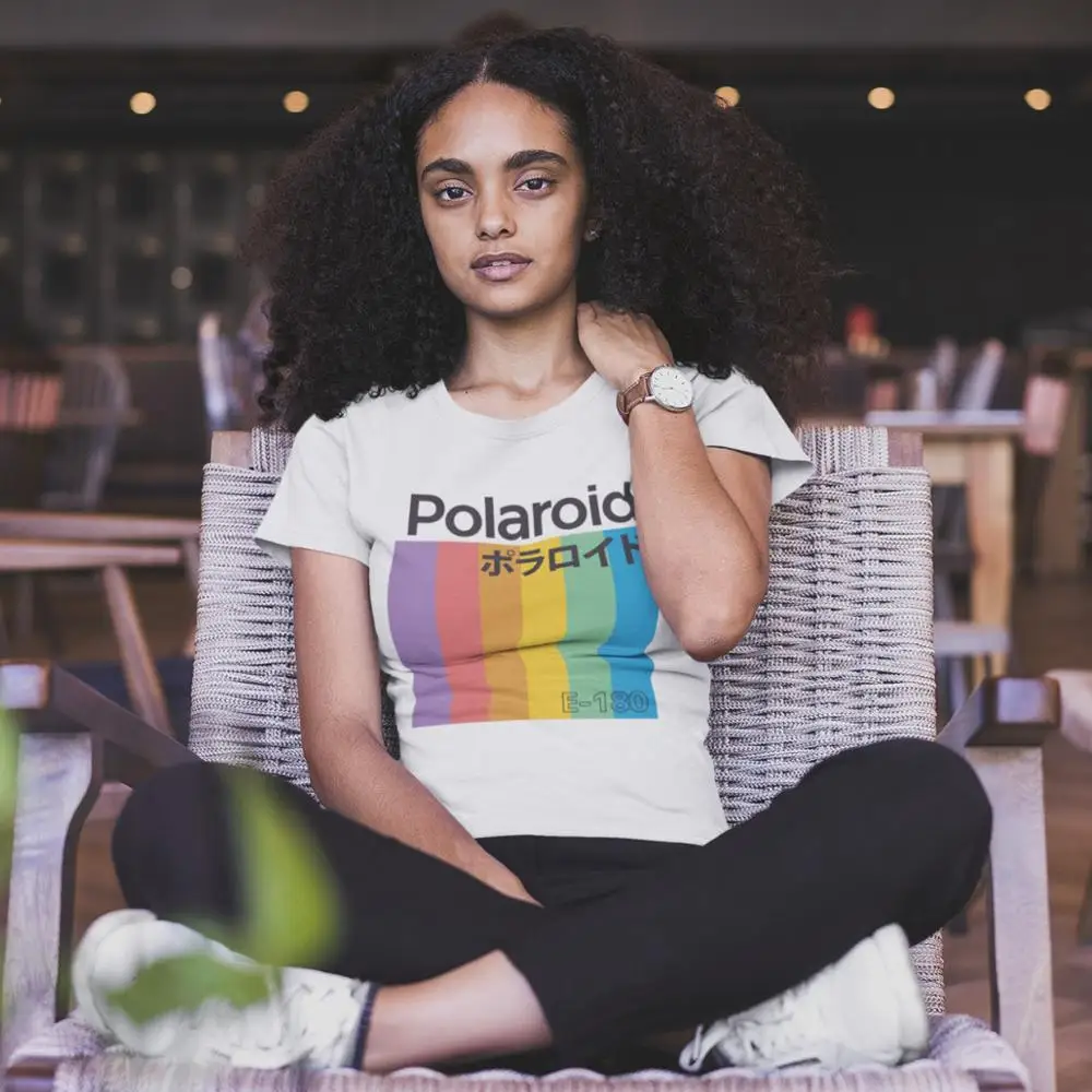 Японская модная футболка в стиле хип хоп японская Polaroid Темно Синяя Женская с