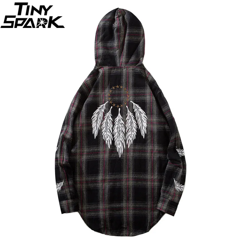 

Men Hip Hop Hoodie Plaid Shirt Print Star Feather Sleeve Long Shirt Checkered Streetwear Autumn 2018 Casual Cotton Flannel Shirt