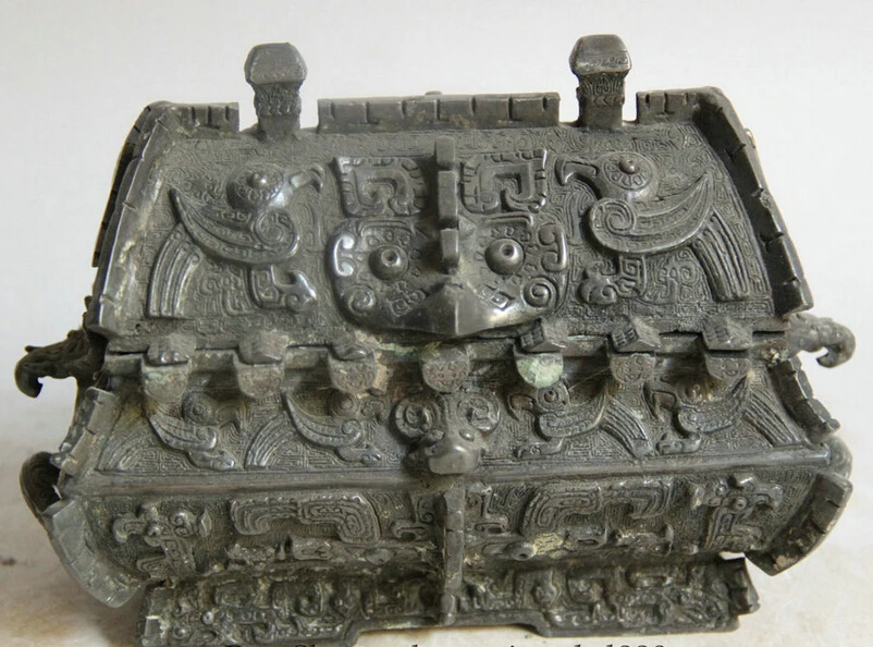 

S2180 7" Old Chinese dynasty Pure Bronze Folk square Bird food wine vessel Fang D0318