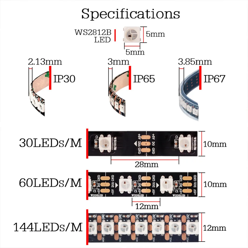 Светодиодная лента 5 в постоянного тока PCB умный адресуемый пиксель WS2812 IC 30/60/144
