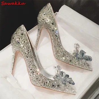 

Bling Bling Clear Crystal Women High Heels Chic Cinderella Shoes Pointed Toe Rhinestones Covered Bride Pumps Party Wedding Pumps