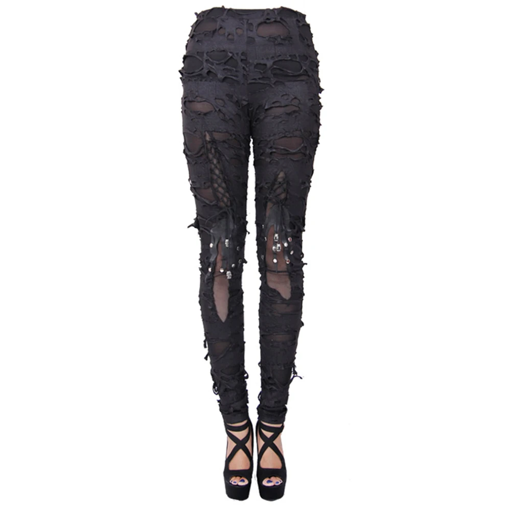 Punk Cotone Rock Pantaloni Strappato Casual Sexy Gothic Fasciatura Di Fori Nere Leggings Donne pwSXqI6O