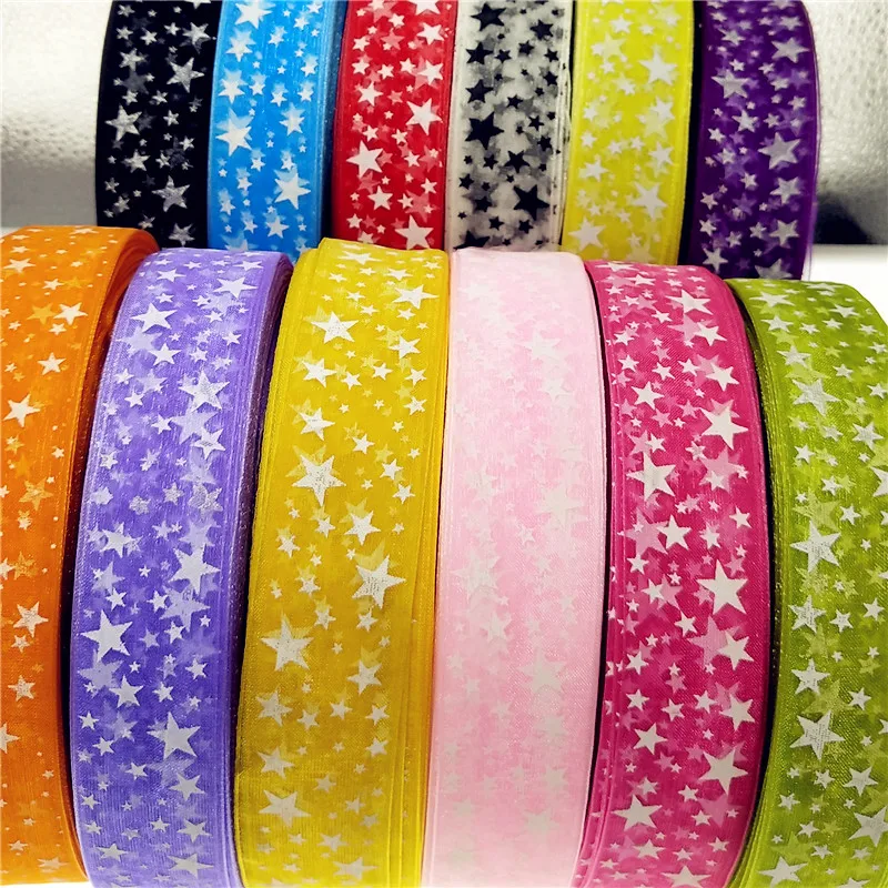 suoja 10Yards/lot 1"(25mm) Printed Star Organza Ribbon Hair Bow Wedding Christmas Decoration DIY Sewing