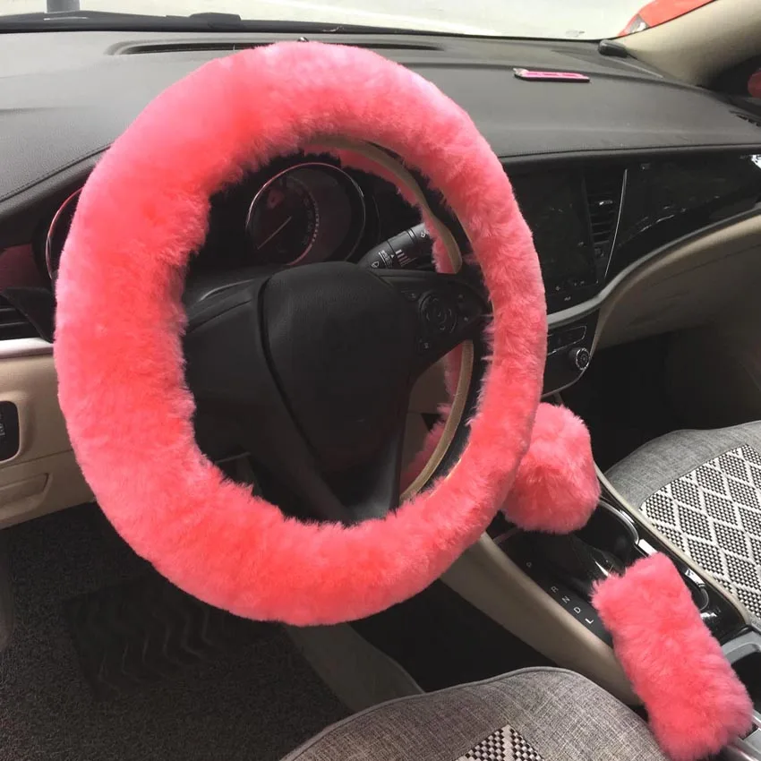 

3pcs/set Universal Winter Warm Fluffy Wool Car Steering Wheel Covers Set+Hand Brake Cover+Gear Shift Cover car Interior for 38cm