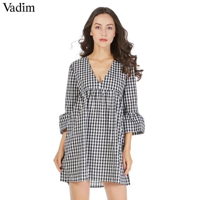 Vadim V Neck Plaid Pleated One Piece Dress Vintage Flare Bell Sleeve Amazing Bell Sleeve Dress Pattern Vadim V Neck Plaid Pleated One Piece Dress Vintage Flare Bell Sleeve Amazing Bell Sleeve Dress Pattern