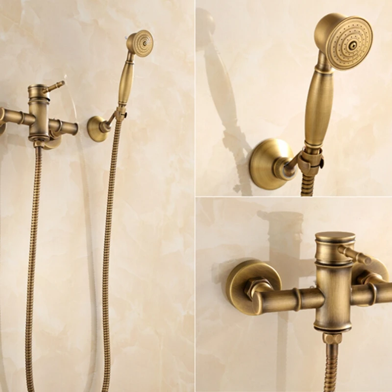 Bamboo Style Antique Brass Bathroom Rain Shower Faucet W/ Hand Sprayer