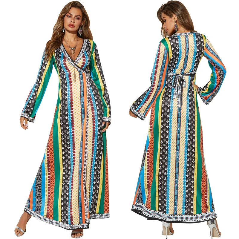 

Ethnic style printed bandage loose waist long sleeve V-neck long skirt African skirt dress free shipping