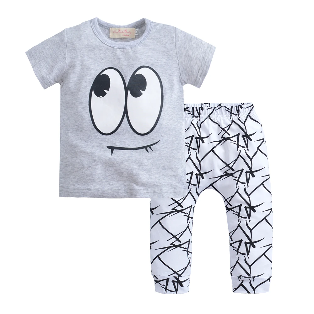Летняя одежда для маленьких мальчиков топы с короткими рукавами и принтом глаз+ штаны с геометрическим рисунком малыш новорожденный младенец спортивный костюм комплект одежды для маленьких девочек