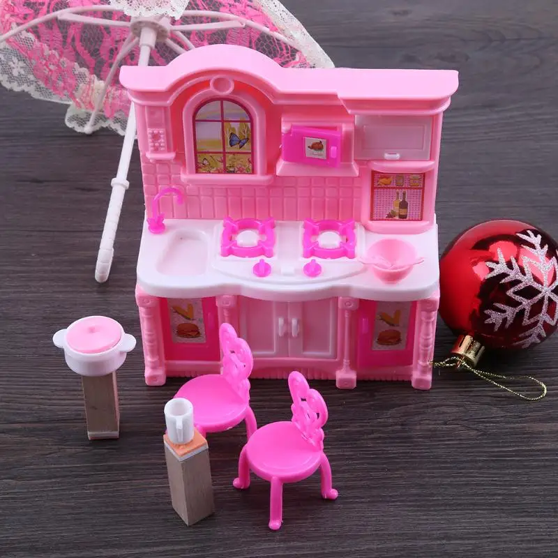 

1Set Mini Kitchen Doll Accessories Dining Table Chairs Dinnerware Cabinet Set Mini Furnitures for Dolls Girls Toys Gifts