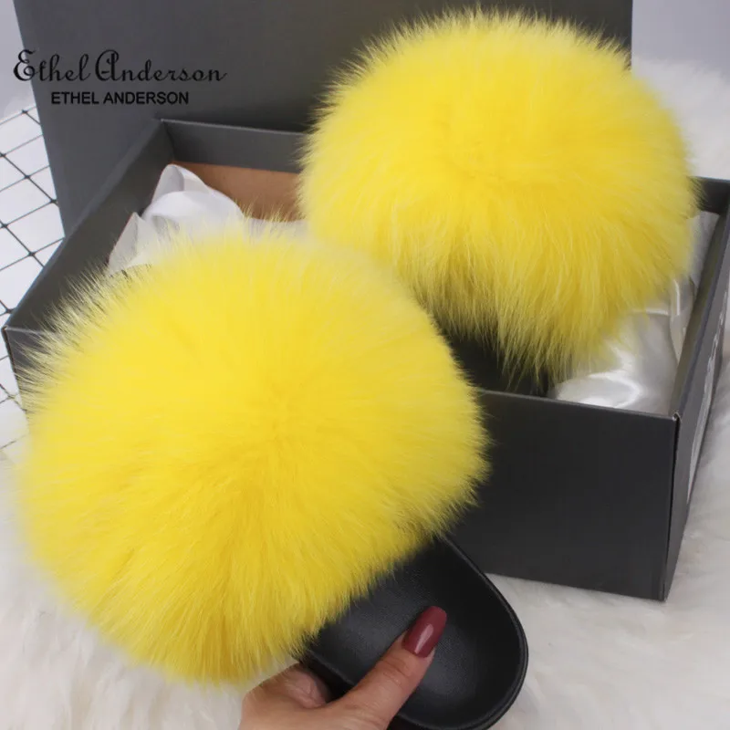 Ethel Anderson Women's Furry Slippers Popular Real Fox Hair Casual Slides Plus Fur Summer Sandals