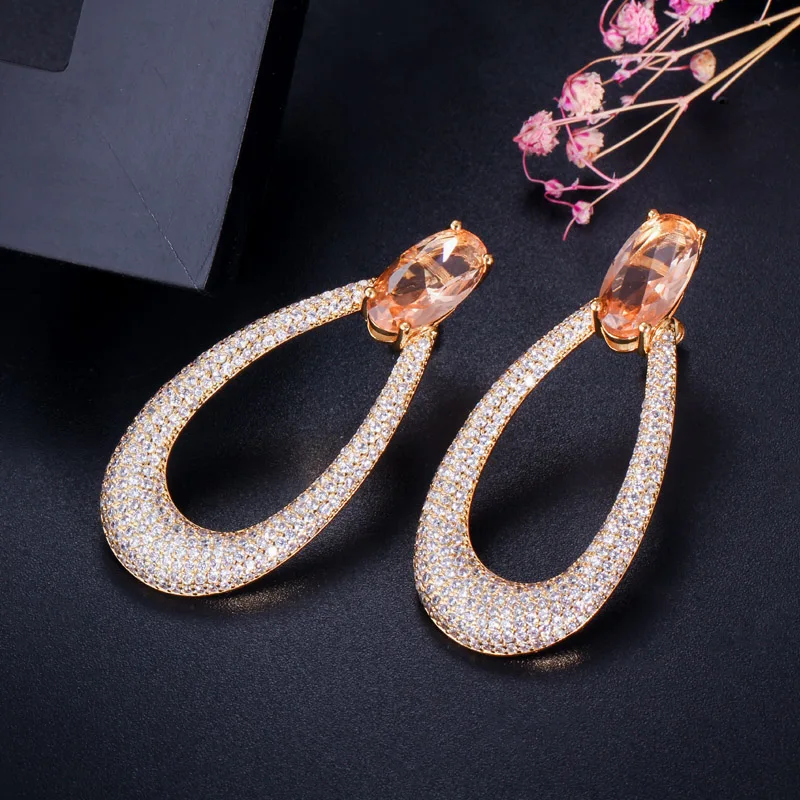 CWWZircons Yellow Gold Color Micro Pave Cubic Zirconia Stone Long Round Drop Earrings Engagement Wedding Party Jewelry  CZ583