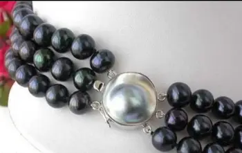 

new 3 ROW 7-8MM BLACK TAHITIAN PEARL NECKLACE 18-20 INCH SHELL CLASP