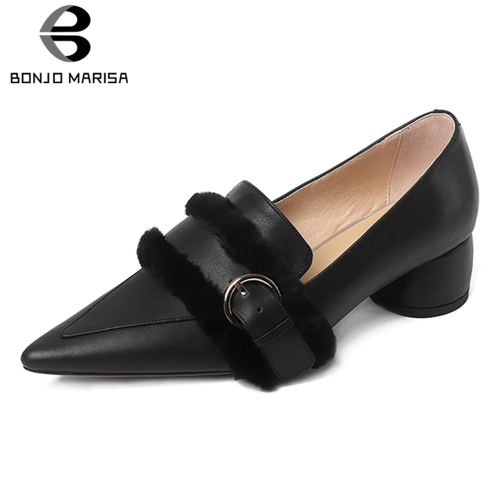 

BONJOMARISA High Quality Cow Leather New Hot Slip On Pointed Toe Summer Pumps Woman Shoes Chunky Heels Shoes Woman Pumps