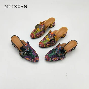 

MNIXUAN women slippers sandals summer 2018 new mules genuine leather embroidered round toe thick heels height 6cm big size 34-43