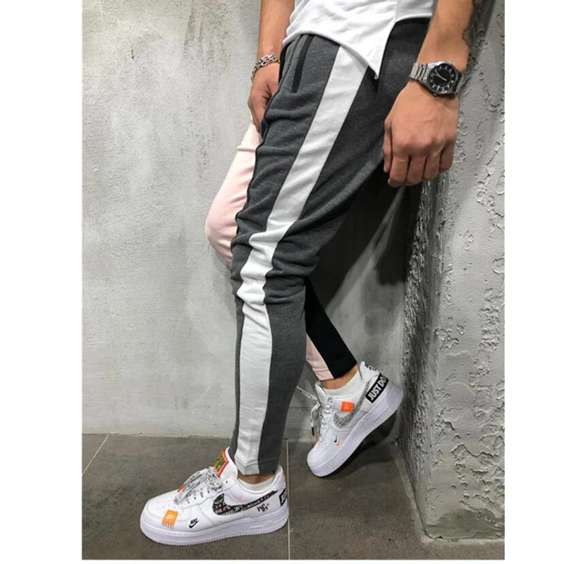 Мужские Slim Fit Пот Штаны Drawstring полосатый спортивный Цвет Блок Лоскутная Бег Брюки
