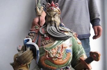 

China Pottery WuCai porcelain Dragon Guang Gong Guan Yu warrior Read Book Statue
