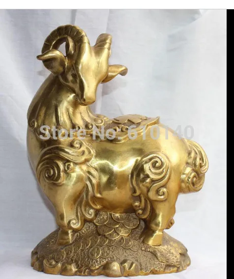 

12" Chinese Fengshui Bronze Animal Wealth Money Foo Fu Sheep Ram Goat Sculpture