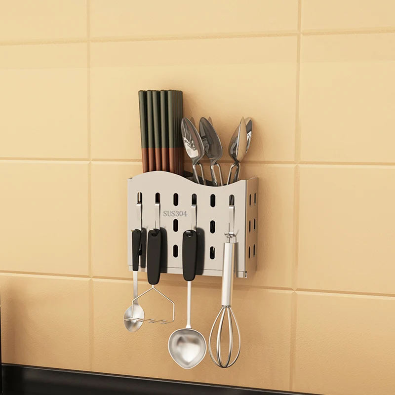 304 stainless steel drain chopsticks tube hanging multi-function spoon fork cage punch-free knife rack household shelves 304 stainless steel drain chopsticks tube hanging multi-function spoon fork cage punch-free knife rack household shelves