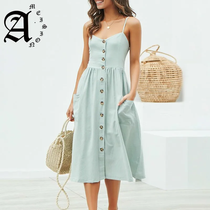 

Ameision women dress Elegant button Pocket polka dots cotton midi dress Summer casual female plus size lady beach vestidos