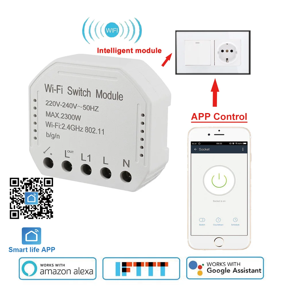 Приложение Smart жизнь Wi-Fi Смарт модуль коммутатора 220-240 V 2300 W Управление; Таймер Выключатель света голос Управление работать с Amazon Alexa Google