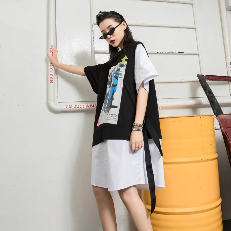 

Women Summer Short Sleeve Fake 2PCS Spliced Oversized Loose Casual Dress Female Streetwear Hip Hop Boyfriend Fashion Dresses