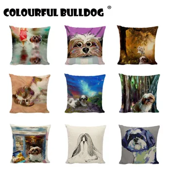 

Lovely Shih Tzu Series Cushion Covers Oil Painting Childlike Cute Dog Printed Throw Pillow Cover Home Decor Sofa Seat Pillowcase