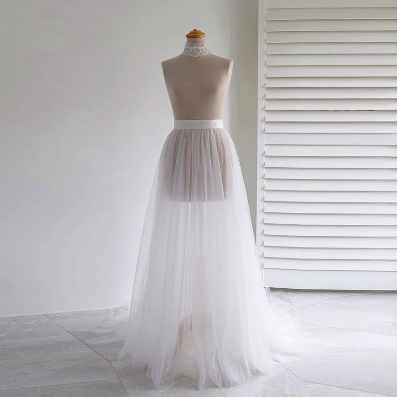 

White Mesh Ribbon Wasit Tulle Long Bridal Skirt With Little Train Saia Faldas 3 Layers No Lining Match Wedding or Evening Dress