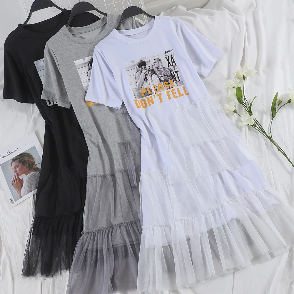 

Elegant Casual Summer Mesh T-shirt Dress Women Charactor Printed Fashion Short Sleeve Dress Female Clothing Vestidos 2019