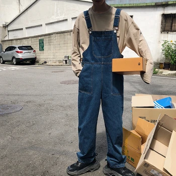 

2019 Spring and Autumn New Loose Suspenders Pants Couple Casual Denim Overalls Fashion Men's Blue Bib Jeans Wild Student Style
