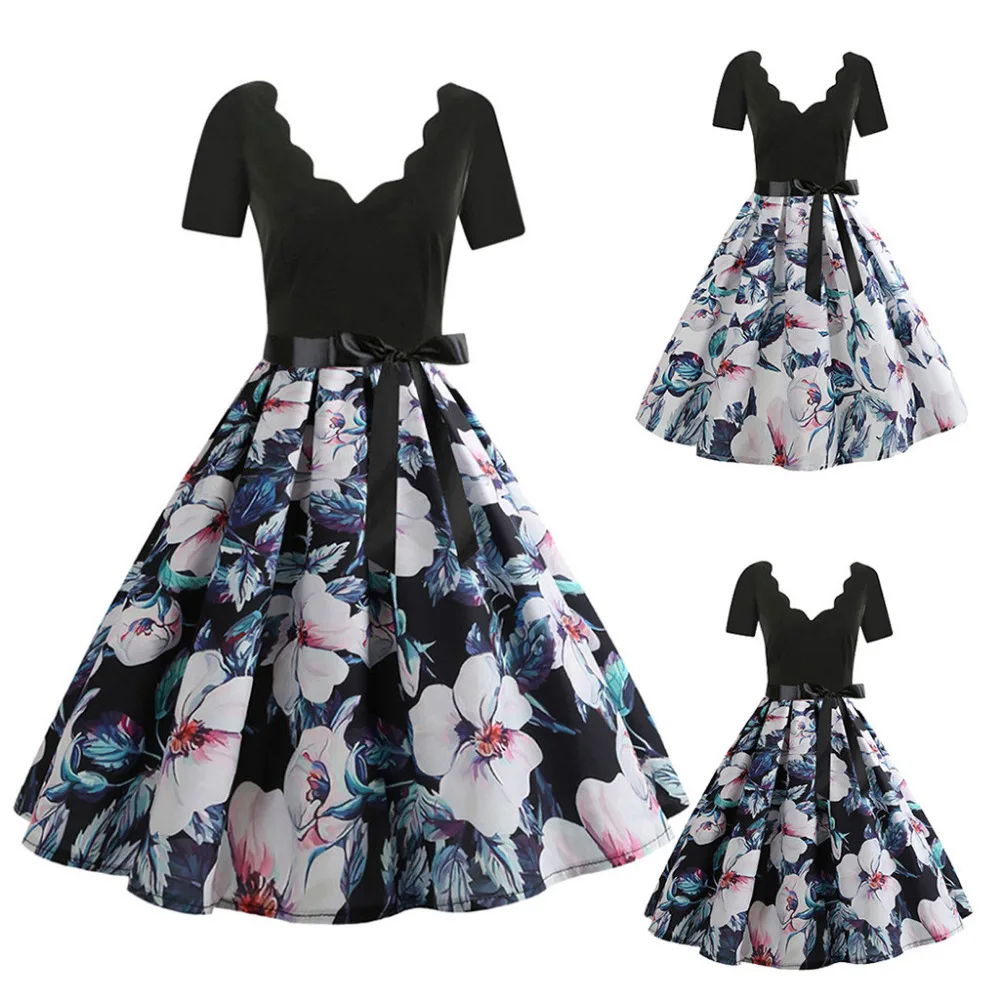 

2019 Spring Autumn Winter Dress Women Short Sleeve Fashion Print Vintage Flare Dress Evening Sexy Elegant Gown L304