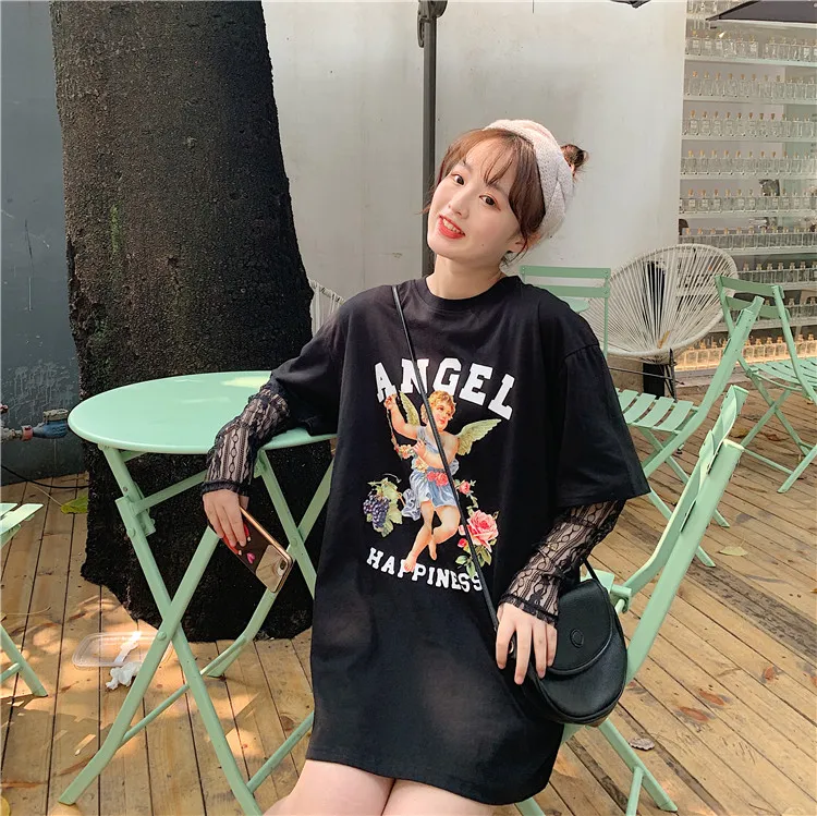 Harajuku Chic T-shirt Women Summer Tops Women Clothes Loose Angel Tops Oversized T Shirt Pink Student