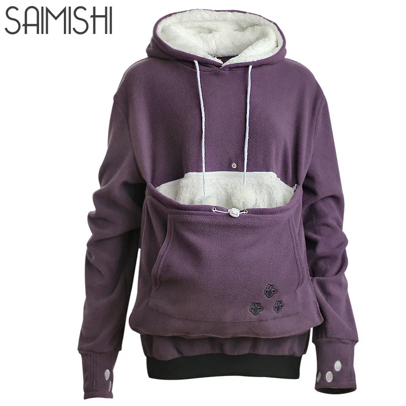 Saimishi фиолетовый вышивка большой карман женские пуловеры, толстовки осень зима теплая Мода с кошкой любителей худи для домашних собак